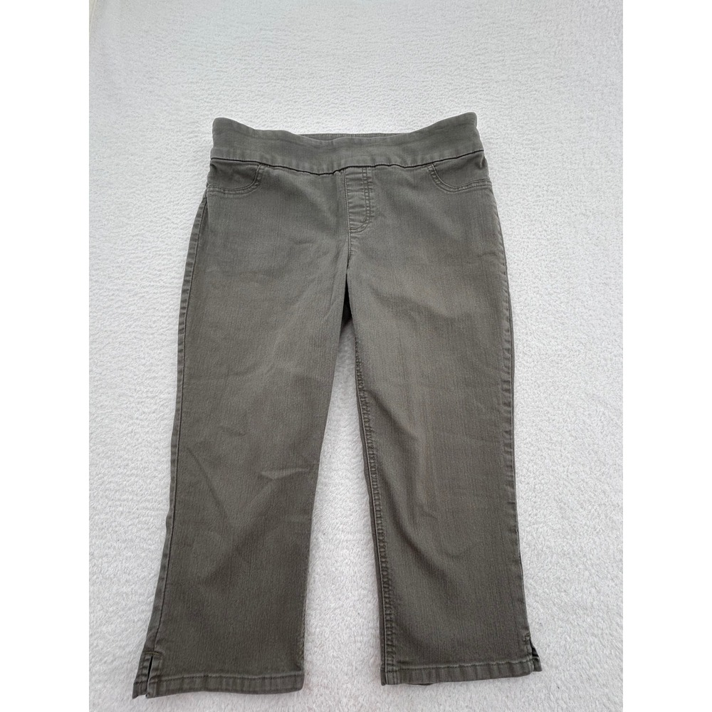 Chicos Size 2 Olive Gray Pull On Capri Pants Cropped Stretch Trousers size M 12
